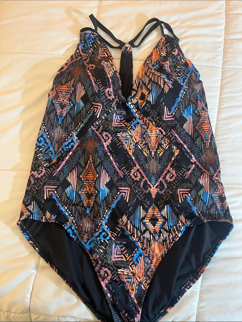 Time and Tru Black One-Piece Swimsuit with Blue, Orange & Pink Geometric Print